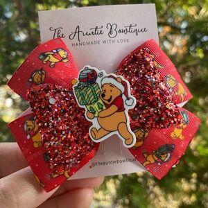 Christmas Pooh Bear Inspired Glitter Small Hair Bow
